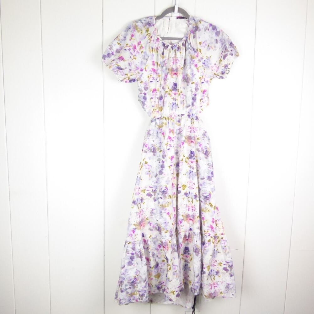 J. Crew Dress Womens SZ 4 Floral Short Puff Sleeve Open Back Midi High Neck